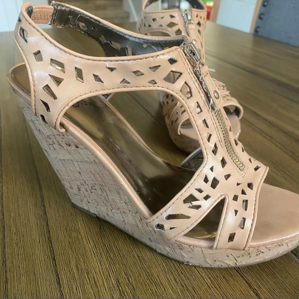 Carlos Santana nude cork cutout leather wedges